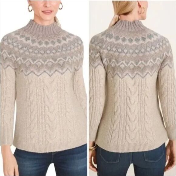 NEW Chico's Cable Yarn Wool Blend Fair Isle Tan‎ Sweater, LP - Picture 1 of 16